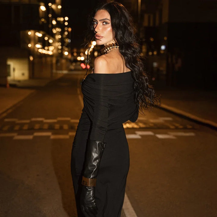 שמלת מקסי כתפיים חשופות בעיצוב שסע - לילי