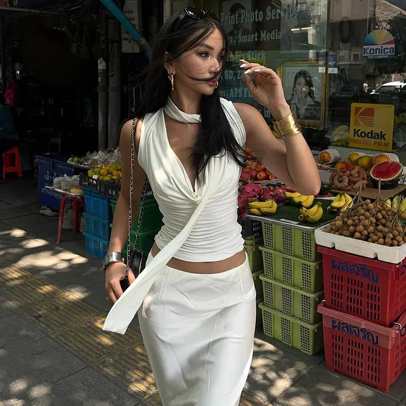 טופ צווארון נופל בעטור צעיף תואם - ג'י