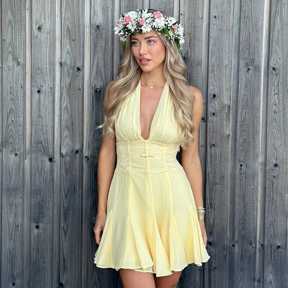 שמלת מיני קשירה בעורף גב פתוח בעיטור תחרה - הילה