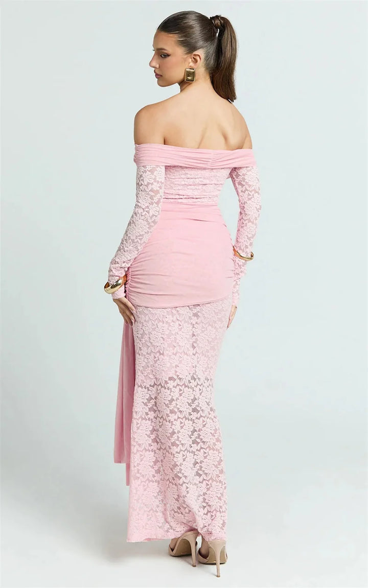 שמלת מקסי תחרה כתפיים חשופות - ורדית