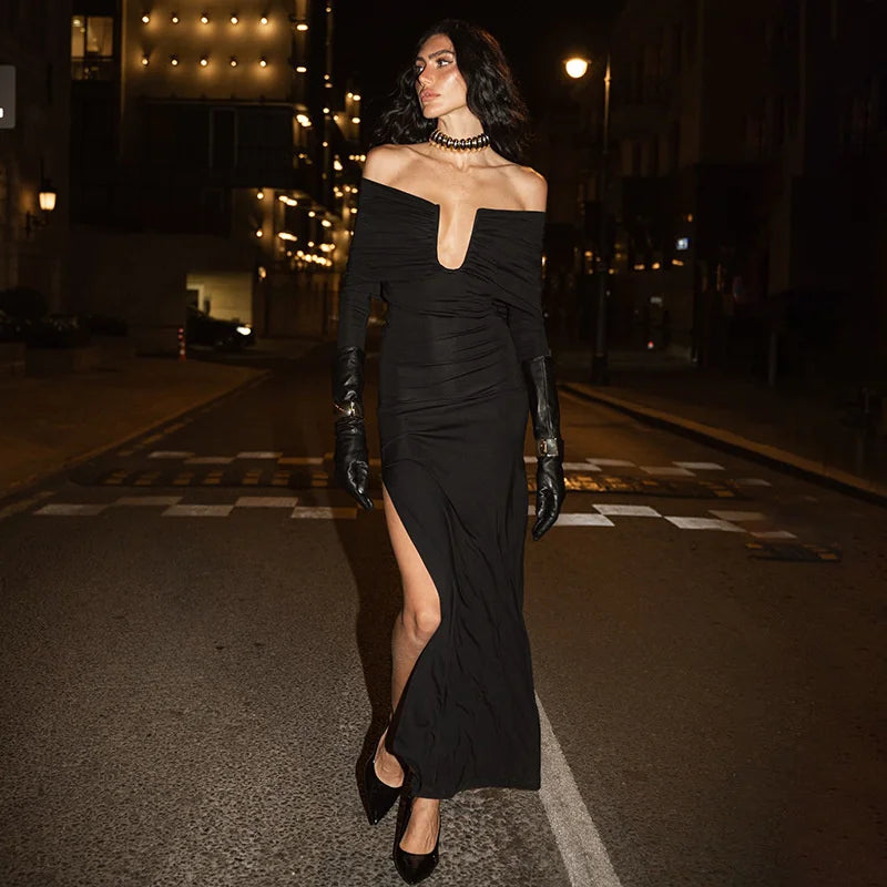 שמלת מקסי כתפיים חשופות בעיצוב שסע - לילי