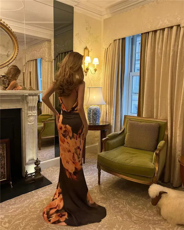 שמלת מקסי סאטן גב פתוח בעיצוב הדפס פרחים - לינדה